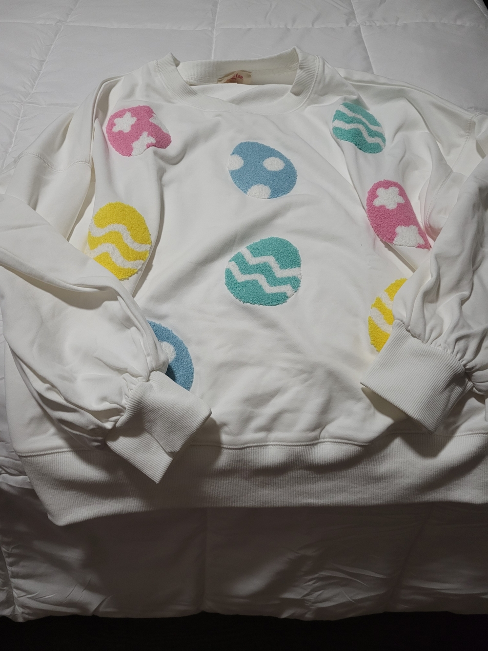 Peach Love White Sweatshirt with Colorful Easter Egg Appliqués